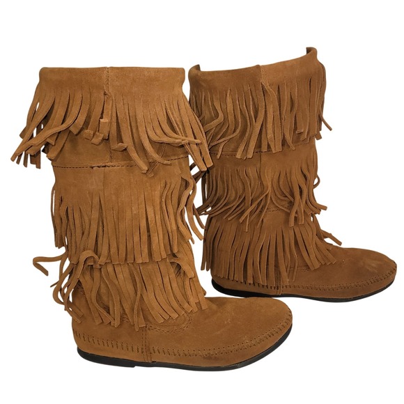 Women's Minnetonka 3-Layer Moccasin Fringe Suede Boot Sz 7 Western Festival Boho - Picture 5 of 8
